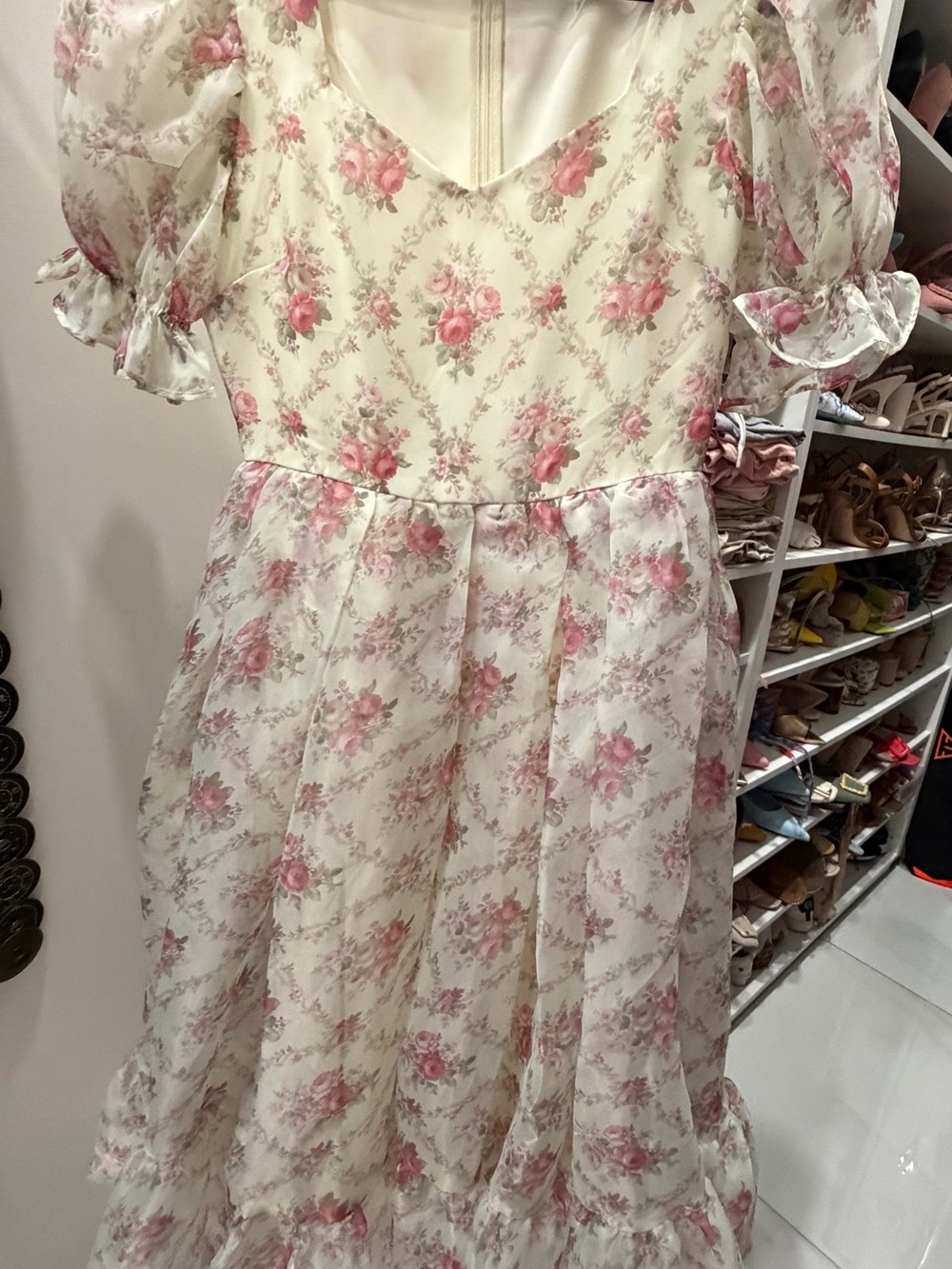 JessaKae Cream and Pink Floral Puff-Sleeve Party Dress